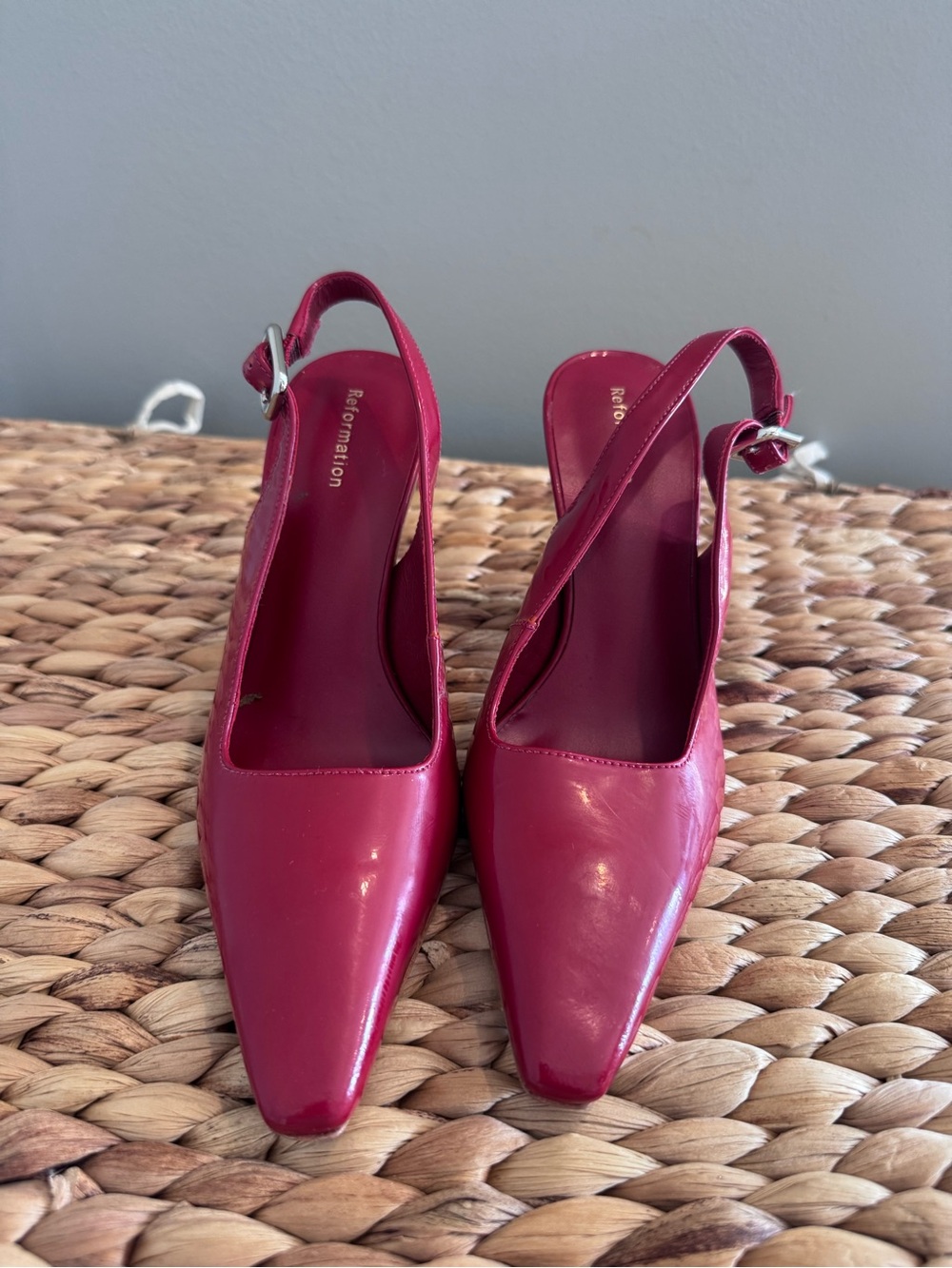 Reformation Red Patent Slingback Pointed-Toe Pumps